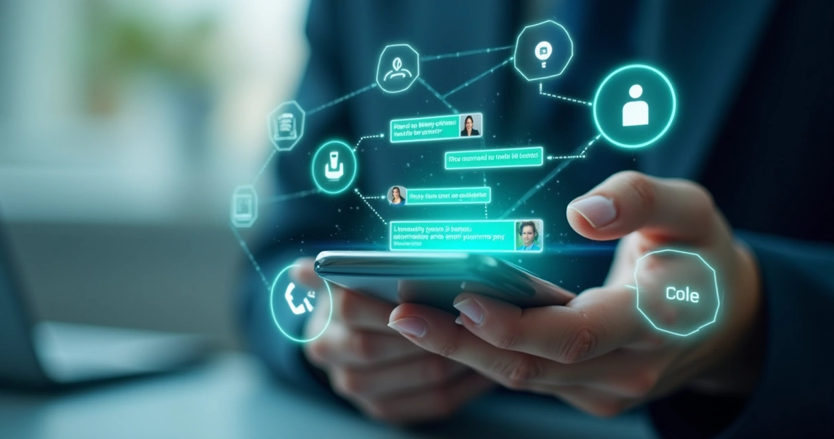 Tela de smartphone exibindo conversa automatizada no WhatsApp com chatbot respondendo mensagens, ícones de IA e integração com sistemas empresariais ao fundo 