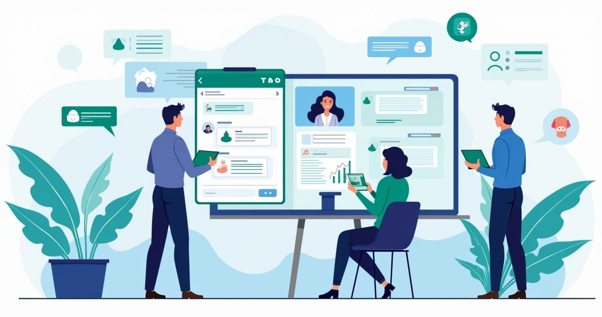 Ilustração de chatbot atendendo clientes no WhatsApp, com fluxos automatizados 