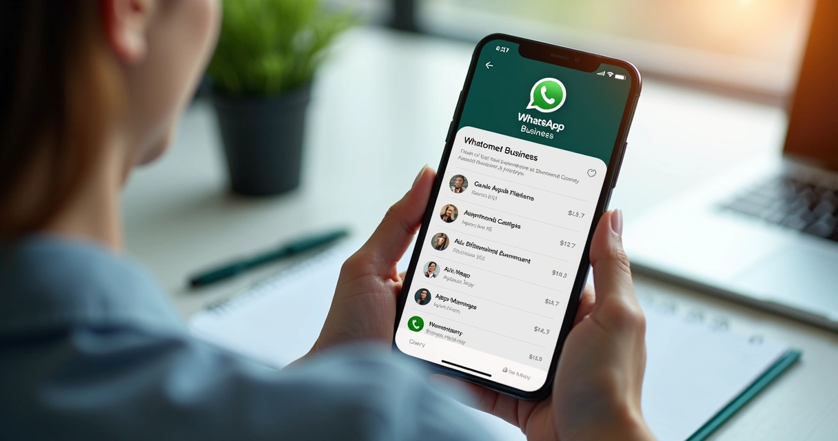 Pessoa usando smartphone com tela aberta no WhatsApp Business mostrando mensagens automáticas e catálogo de produtos