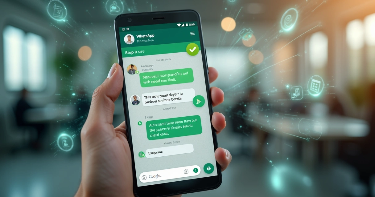 Tela de smartphone exibindo chat automatizado no WhatsApp com interface de IA funcionando 