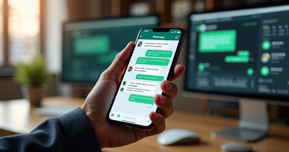 Tela de smartphone mostrando conversa automatizada no WhatsApp com respostas de chatbot e interface de agendamento 