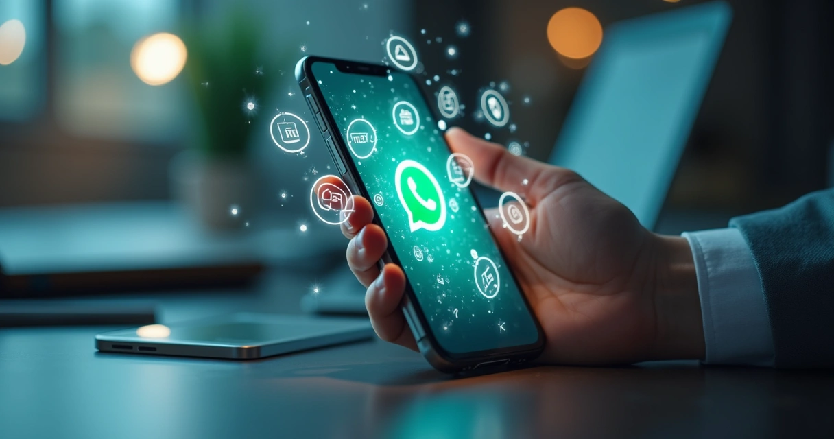 Celular exibindo tela do WhatsApp com interface de chatbot em funcionamento e ícones representando automação, agendamento e vendas automáticas ao redor 