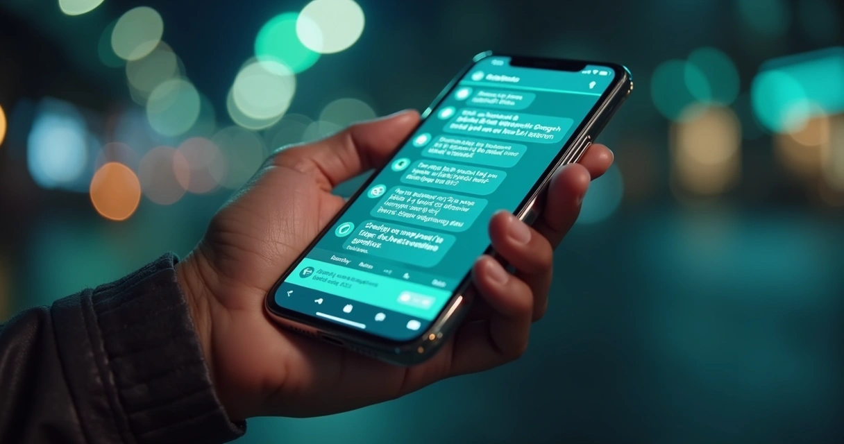 Tela de smartphone mostrando conversa automática com chatbot no WhatsApp com interface moderna e detalhes de IA ao fundo 