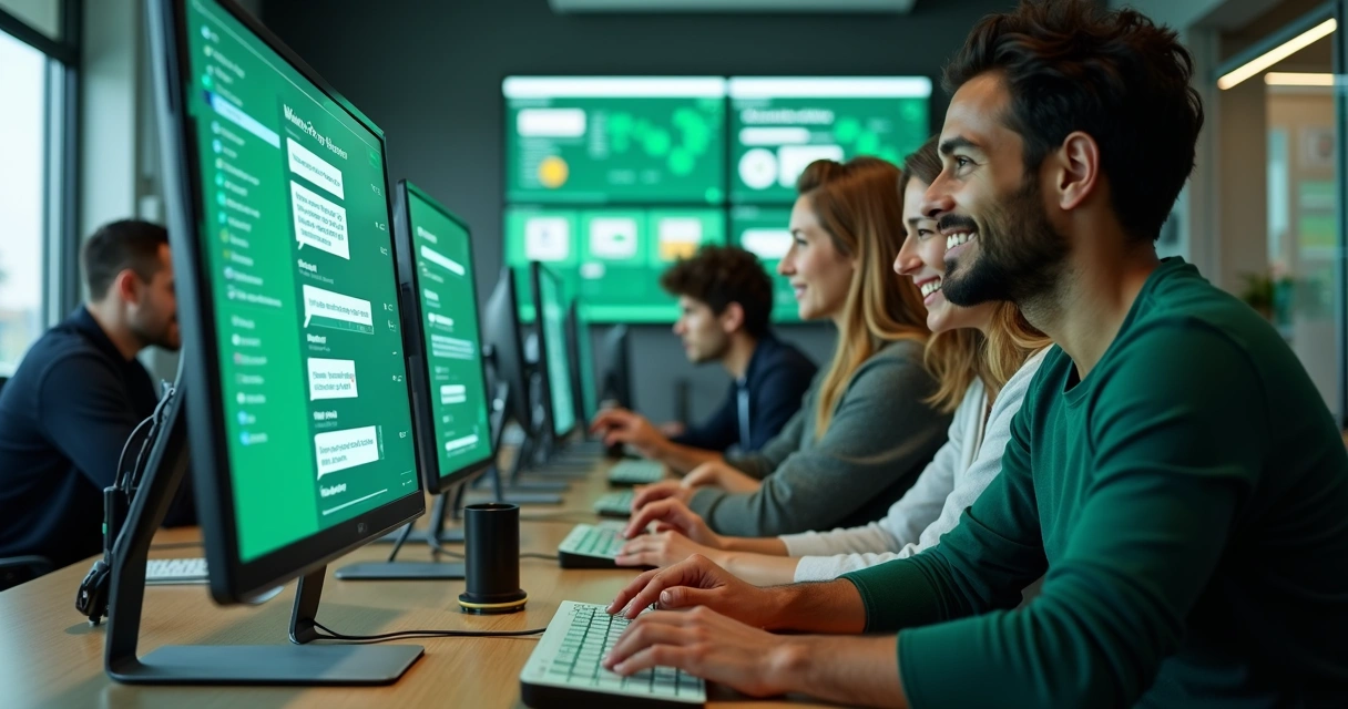 Equipe de atendimento interagindo com sistema automatizado do WhatsApp
