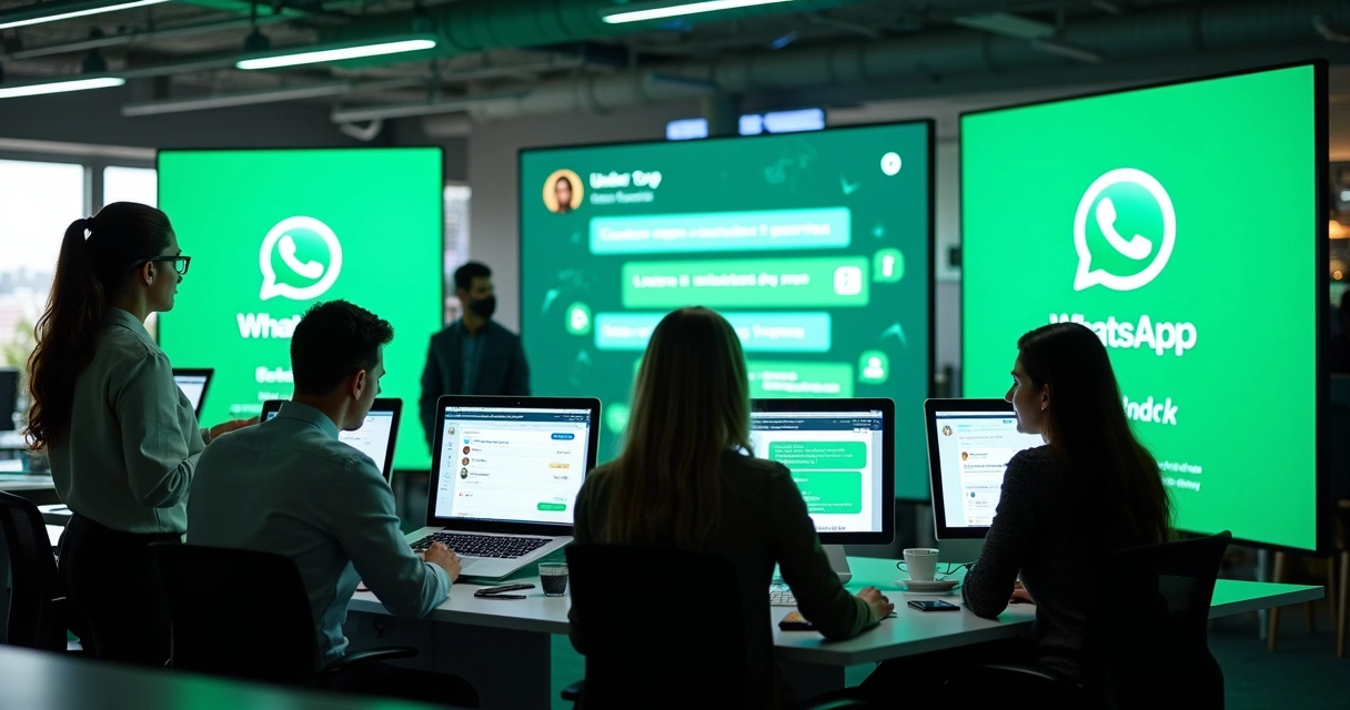 Equipe comercial interagindo com chatbots de atendimento em monitores grandes 