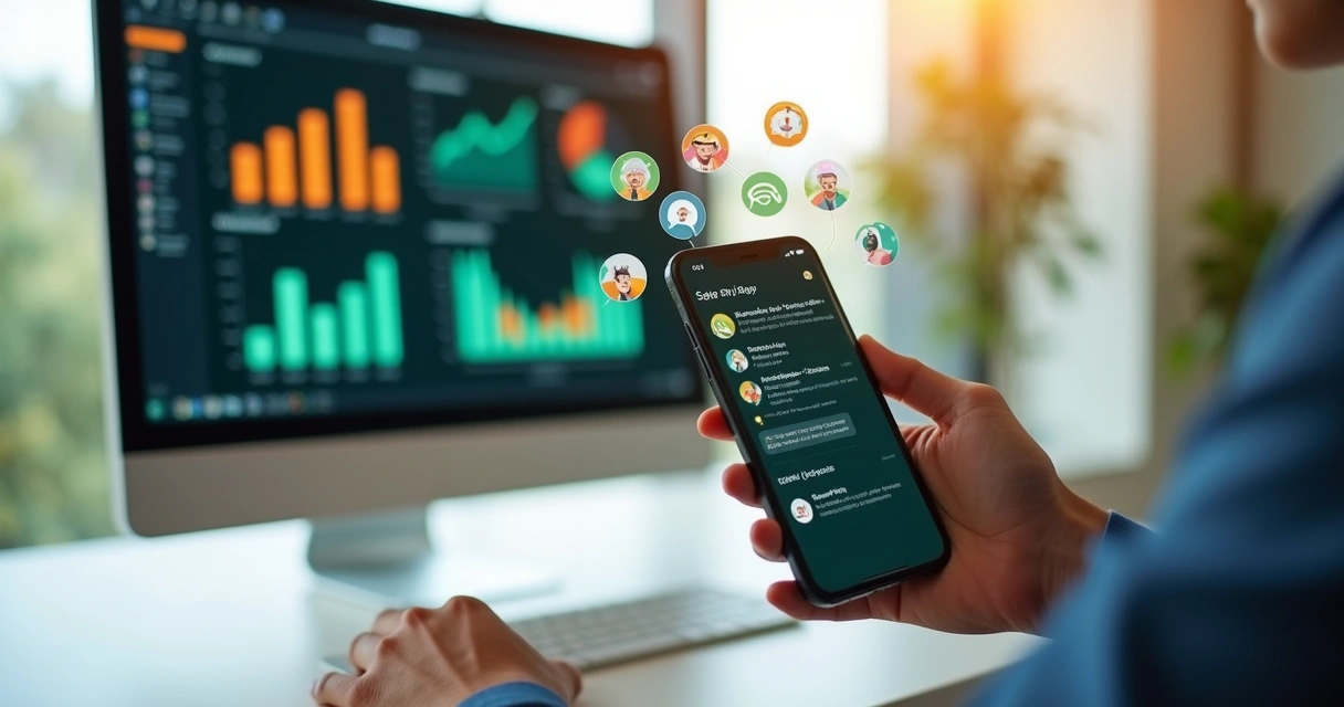 Tela de smartphone com interface do WhatsApp mostrando conversa automatizada via IA com resposta rápida e agendamento de mensagens, ao fundo escritório moderno com computador e gráficos de vendas na tela 
