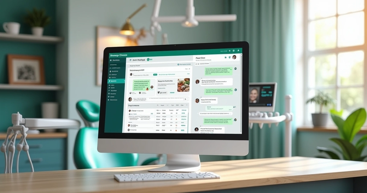 Tela de computador mostrando interface do WhatsApp API integrada com CRM para clínicas odontológicas