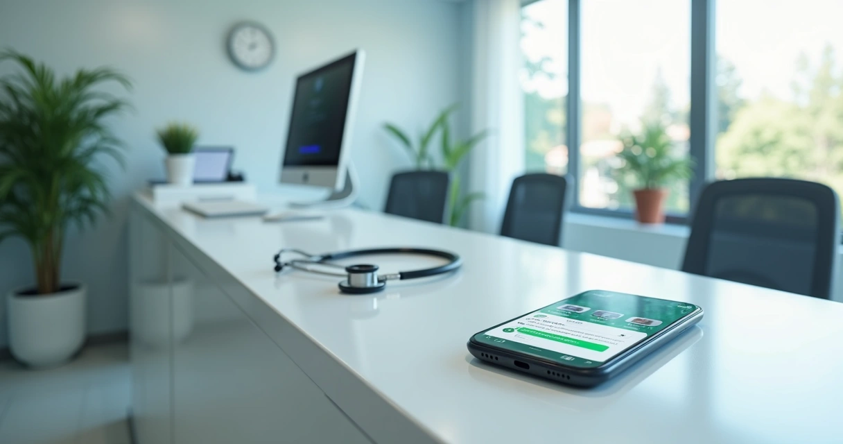 Atendimento automatizado de clínica médica pelo WhatsApp com inteligência artificial em tela de smartphone, interface de chatbot em fundo claro 