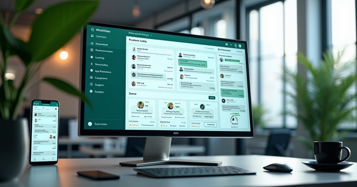 Tela de computador mostrando painel integrado de atendimento via WhatsApp e CRM com bots em ação e gráficos de vendas 