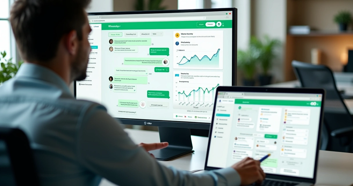 Painel de atendimento automatizado com chatbot de WhatsApp em ambiente de escritório moderno 