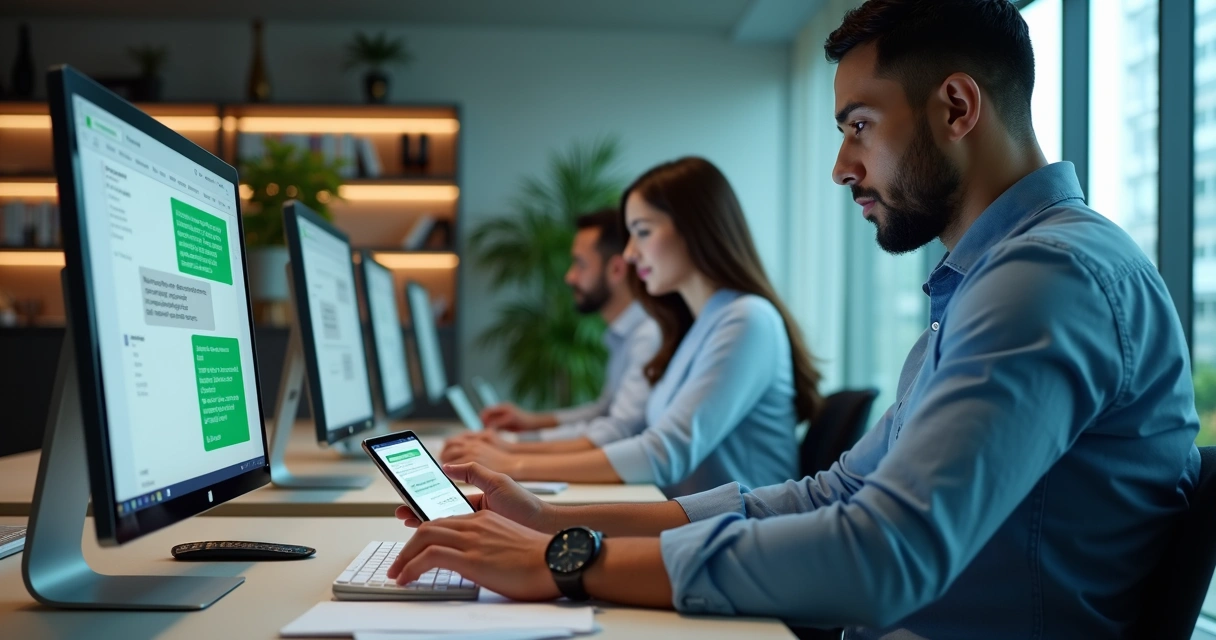Equipe de vendas usando atendimento automatizado via WhatsApp em ambiente moderno e organizado 