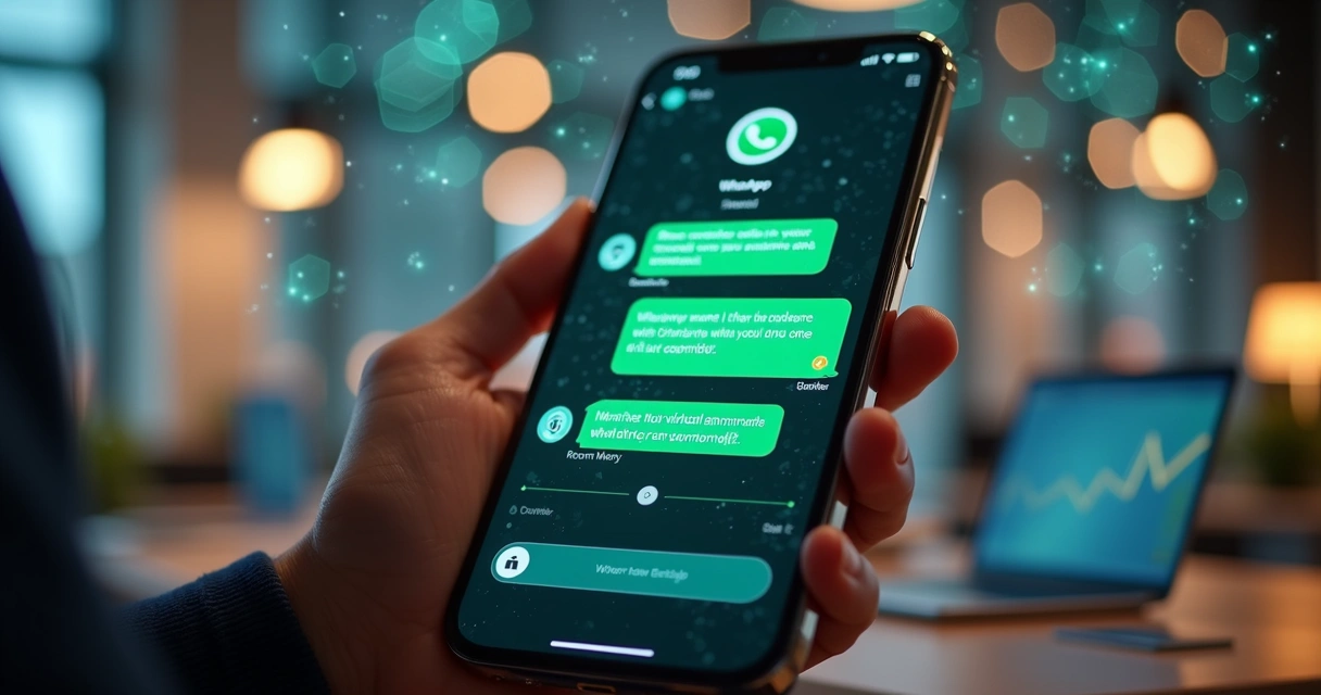 Chat de atendimento automatizado por inteligência artificial no WhatsApp com interface moderna e ícones de áudio, texto e vídeo