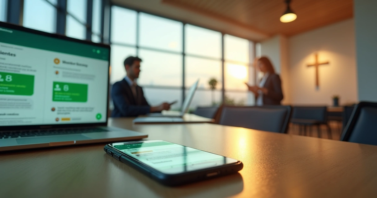 Painel de atendimento automatizado no WhatsApp com igreja e empresa ao fundo 