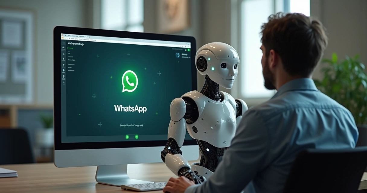 Robô atendendo cliente por WhatsApp em ambiente de empresa