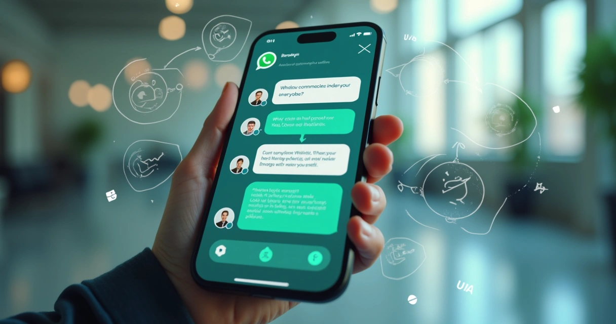 Tela de smartphone mostrando atendimento automatizado no WhatsApp com interface de chatbot amigável e mensagens de clientes satisfeitos