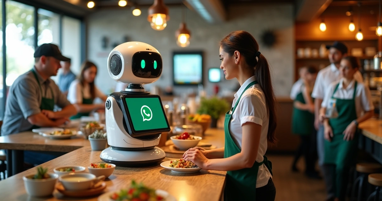 Robo atendendo cliente em balcão de restaurante movimentado 