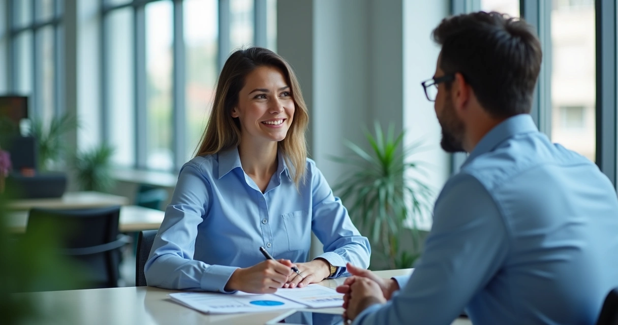 Profissional bancário orientando cliente em mesa de atendimento 