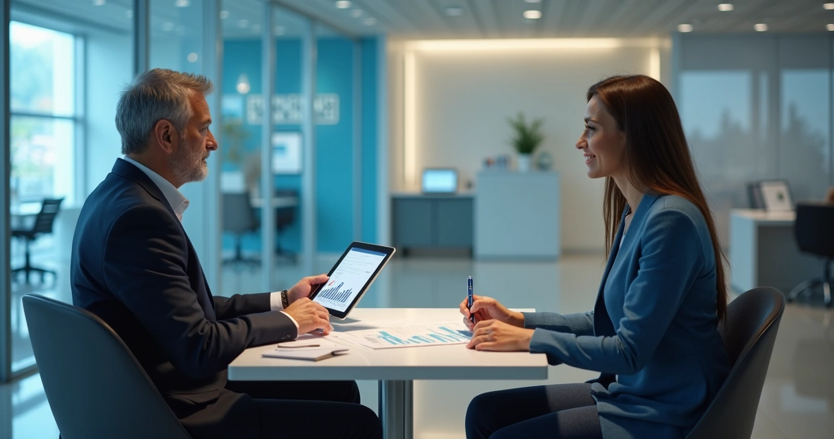Profissional de banco orientando cliente em reunião sobre investimentos 