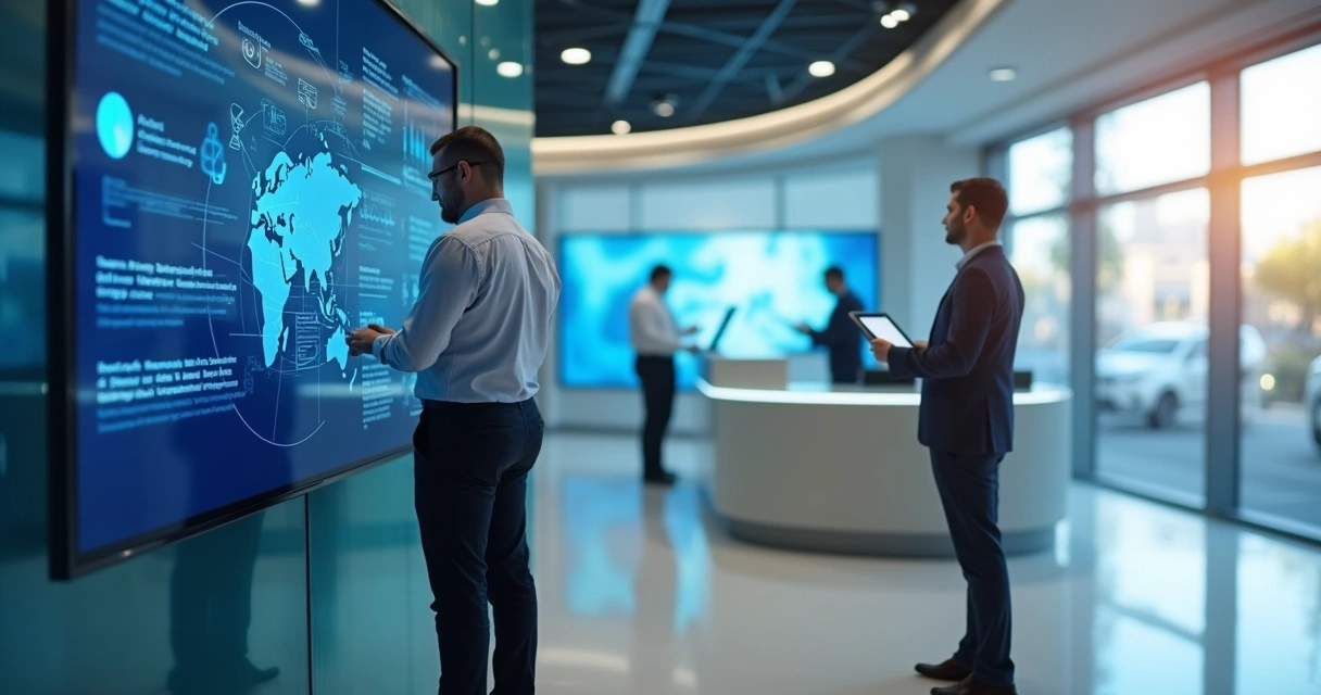 Profissional bancário usando painel digital em agência moderna 