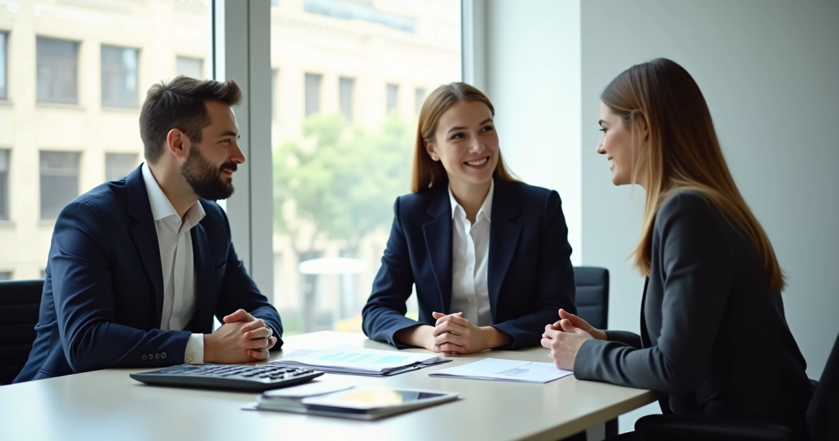 Atendente bancário conversando com casal sobre financiamento imobiliário em uma mesa moderna 