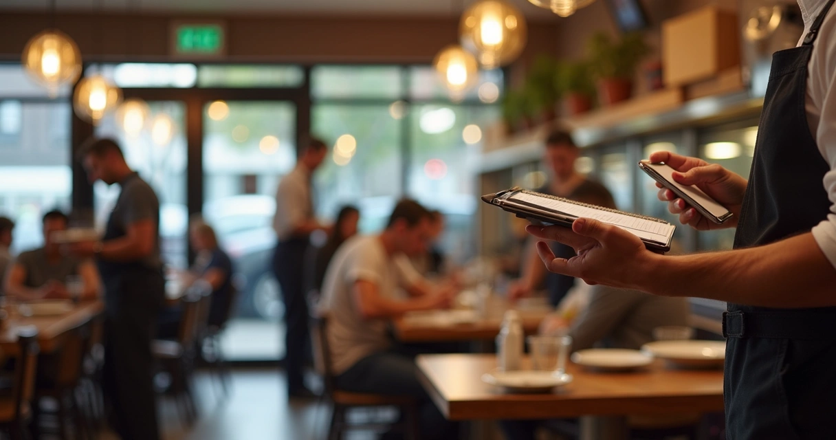 Atendente de restaurante equilibrando atendimento presencial e pedidos de delivery 