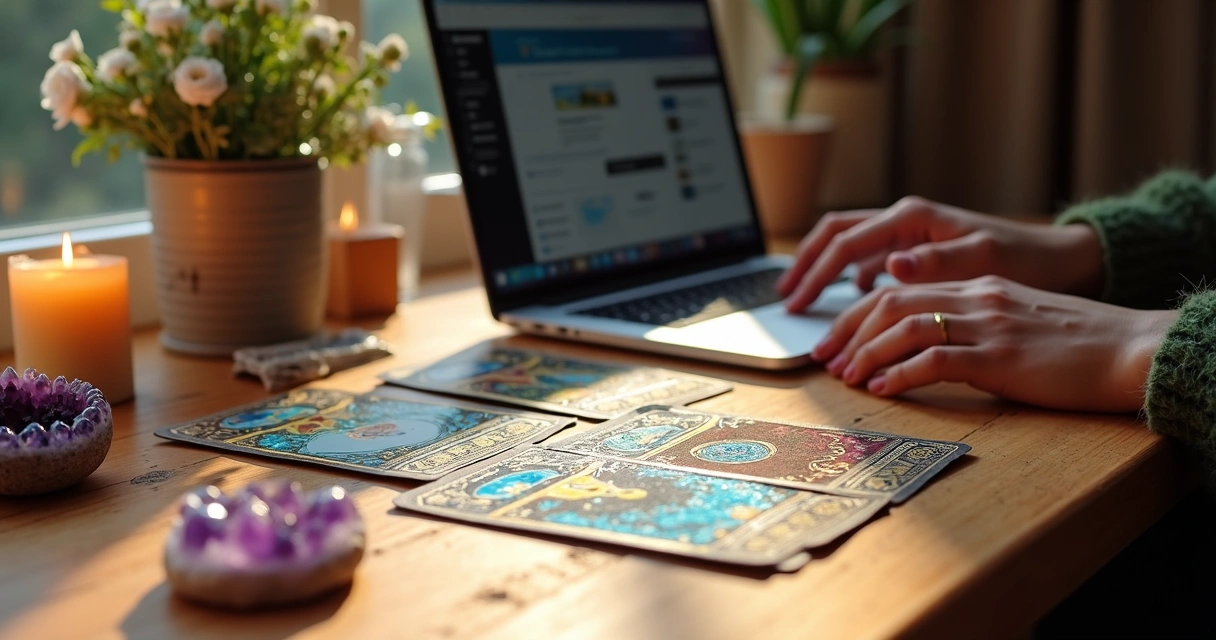 Cartas de baralho cigano e mãos digitando em notebook 