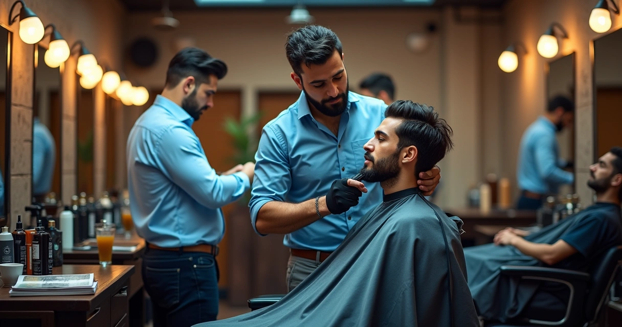 Homem em barbearia sendo atendido por barbeiro, ambiente acolhedor com clientes relaxando e produtos visíveis.
