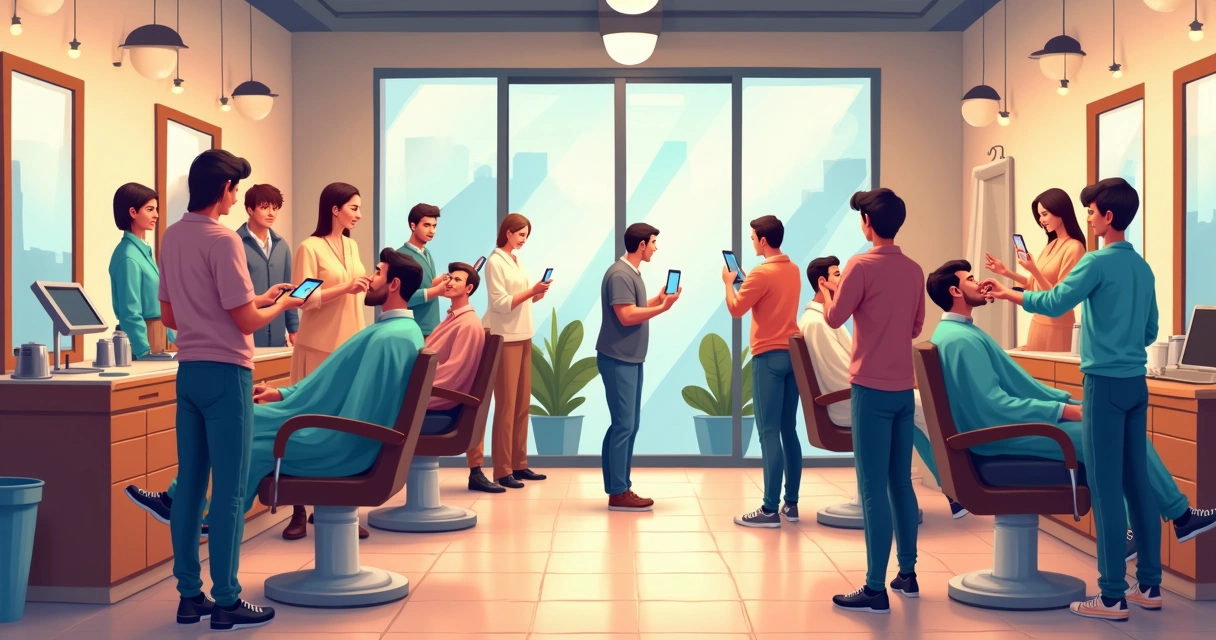 Ambiente de barbearia moderna com terminal digital e clientes satisfeitos 
