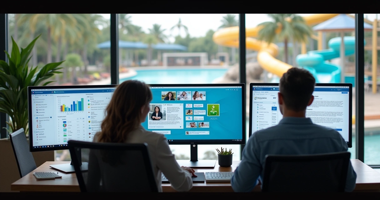 Equipe de hotel focada enquanto monitoram telas com chats e respostas, cenário de parque aquático. 