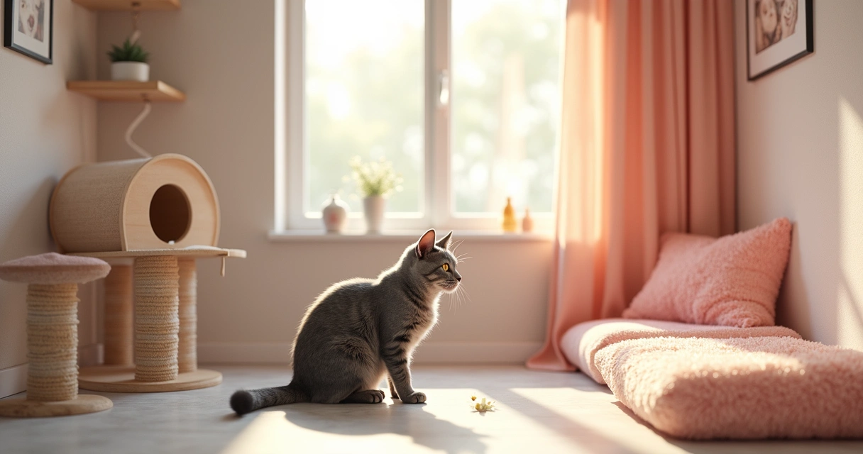 Consultório veterinário adaptado para gatos, com arranhadores e brinquedos 