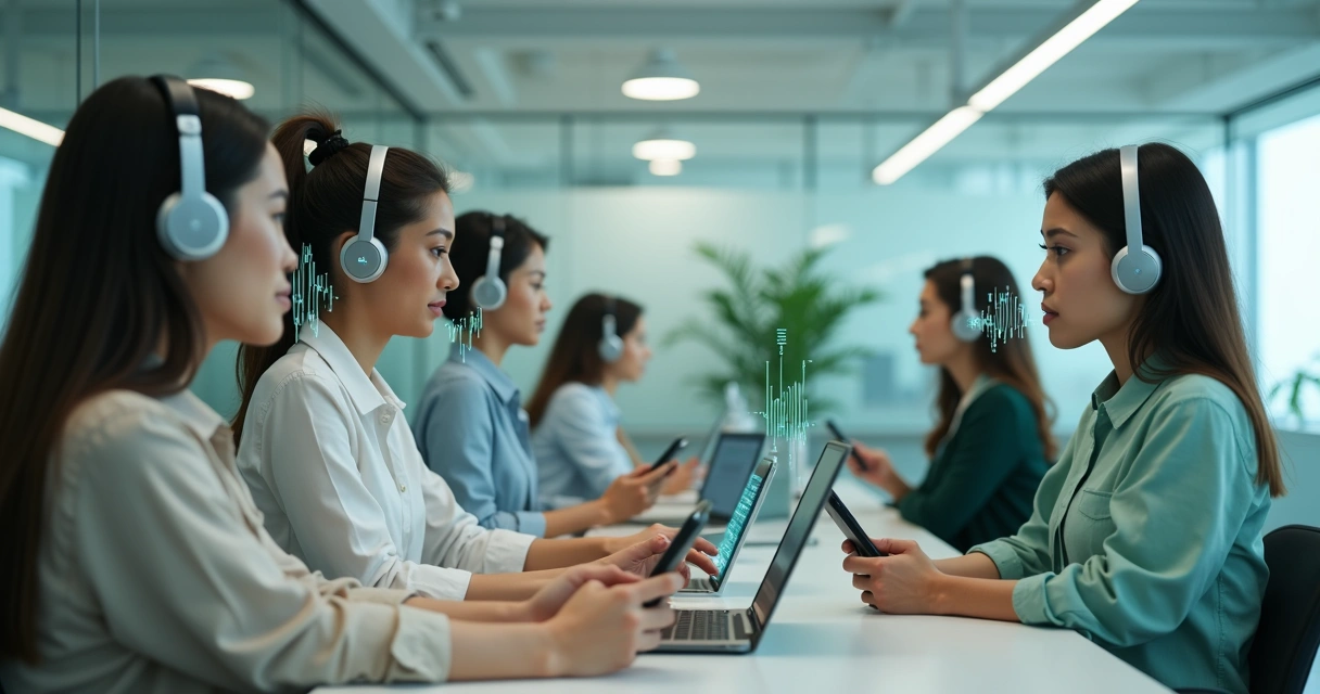 Equipe de atendimento digital em uma sala moderna, demonstrando uso da biometria vocal em dispositivos móveis 