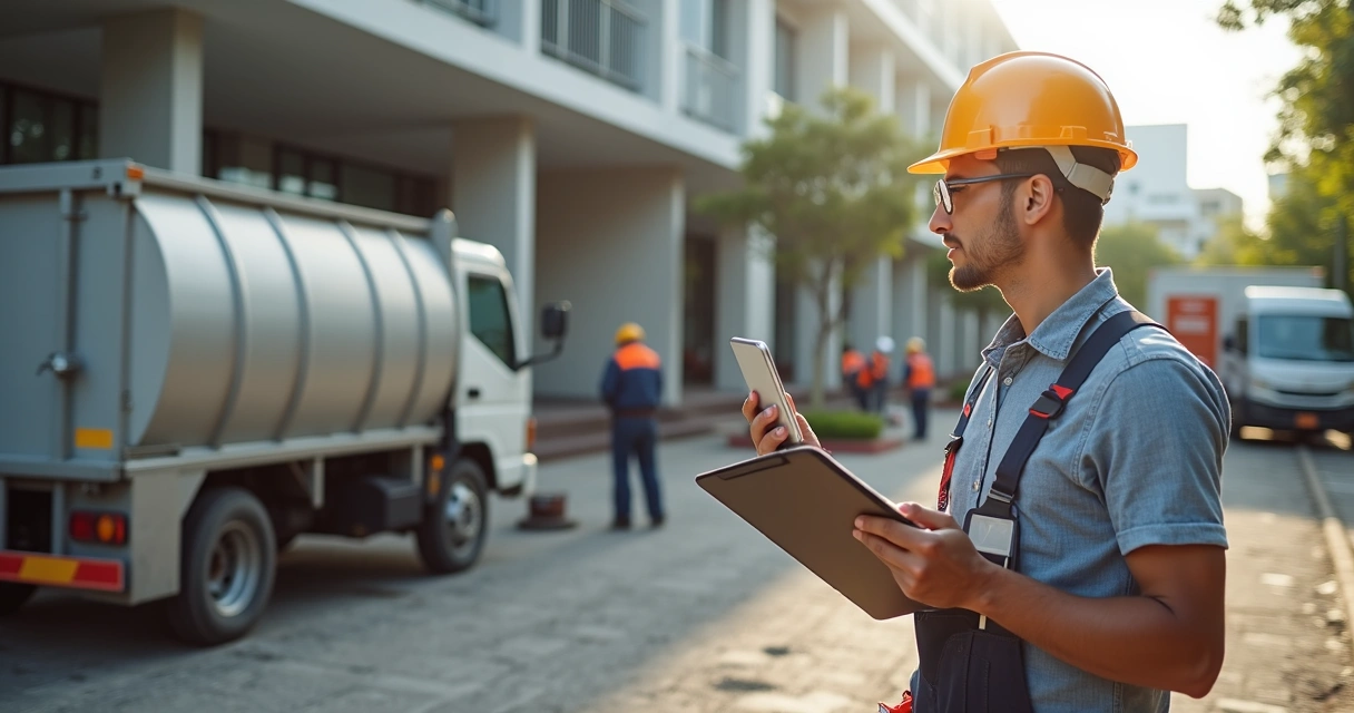 Atendimento para locação de caçamba com obra ao fundo 