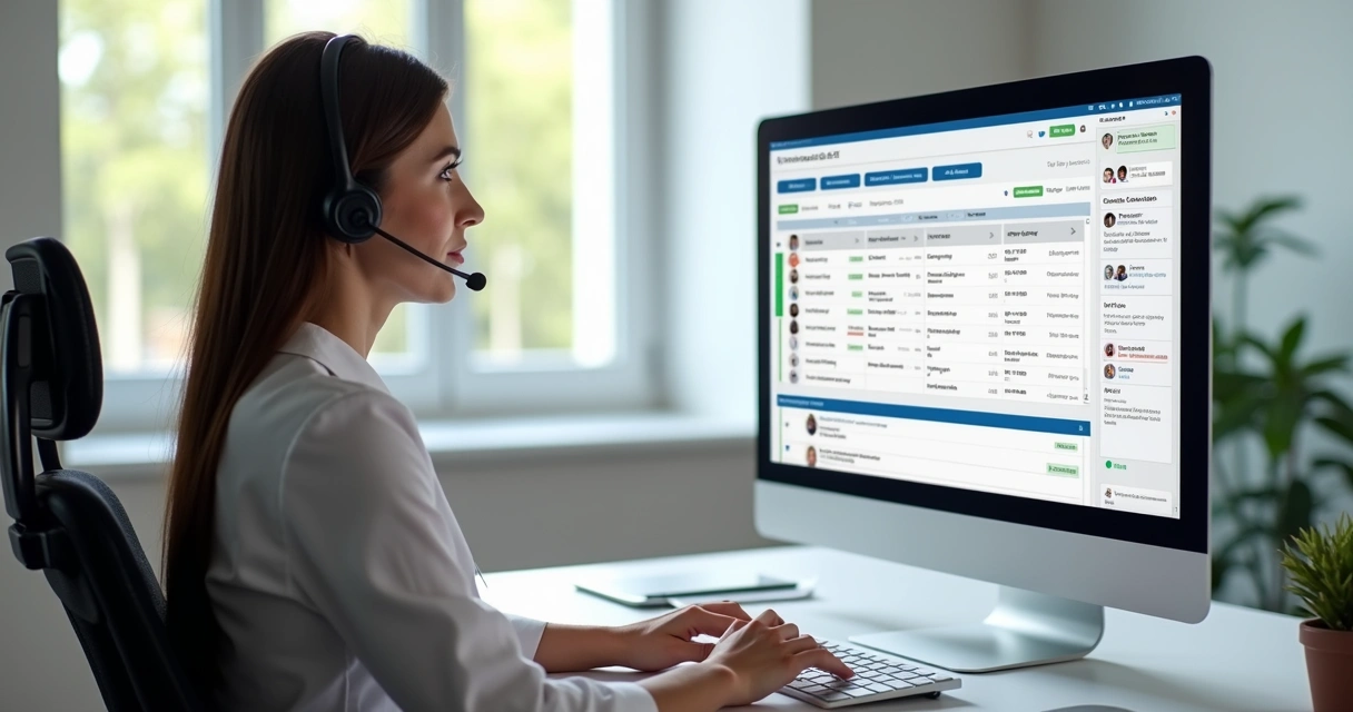 Atendente visualizando histórico de clientes em CRM no computador