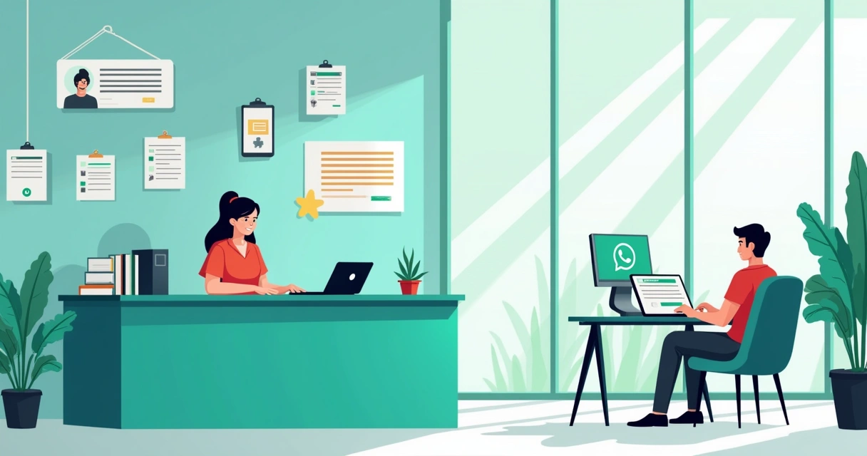 Atendente de cartório utilizando um laptop e WhatsApp para atendimento ao cliente em um ambiente moderno.