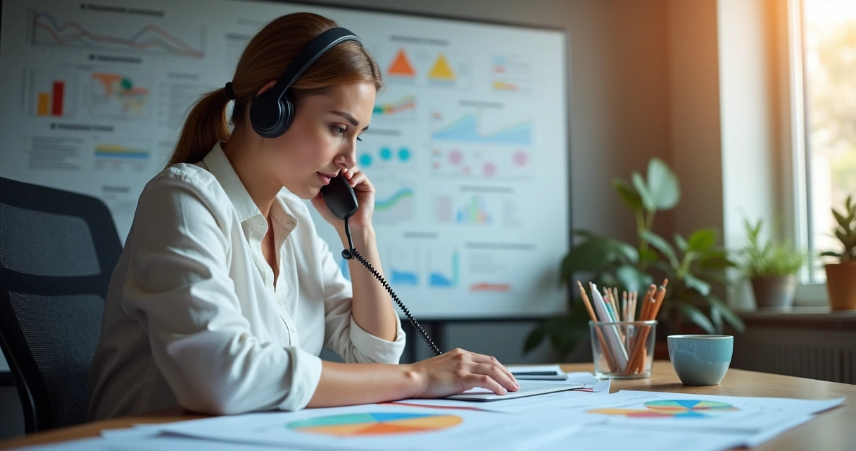 Atendente ao telefone com planilhas e gráficos coloridos na mesa 