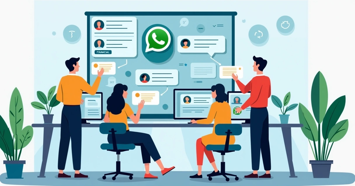 Equipe em escritório gerenciando conversas do WhatsApp Business em computador 