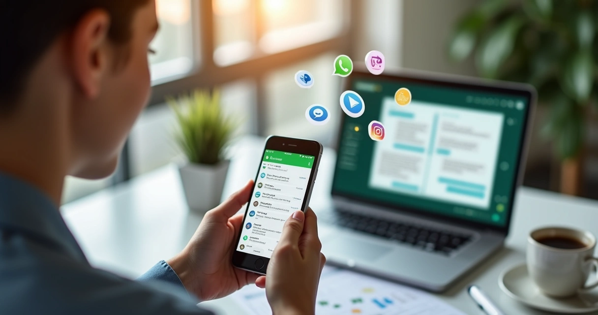 Pessoa usando smartphone mostrando tela do WhatsApp com mensagens de atendimento automatizado 