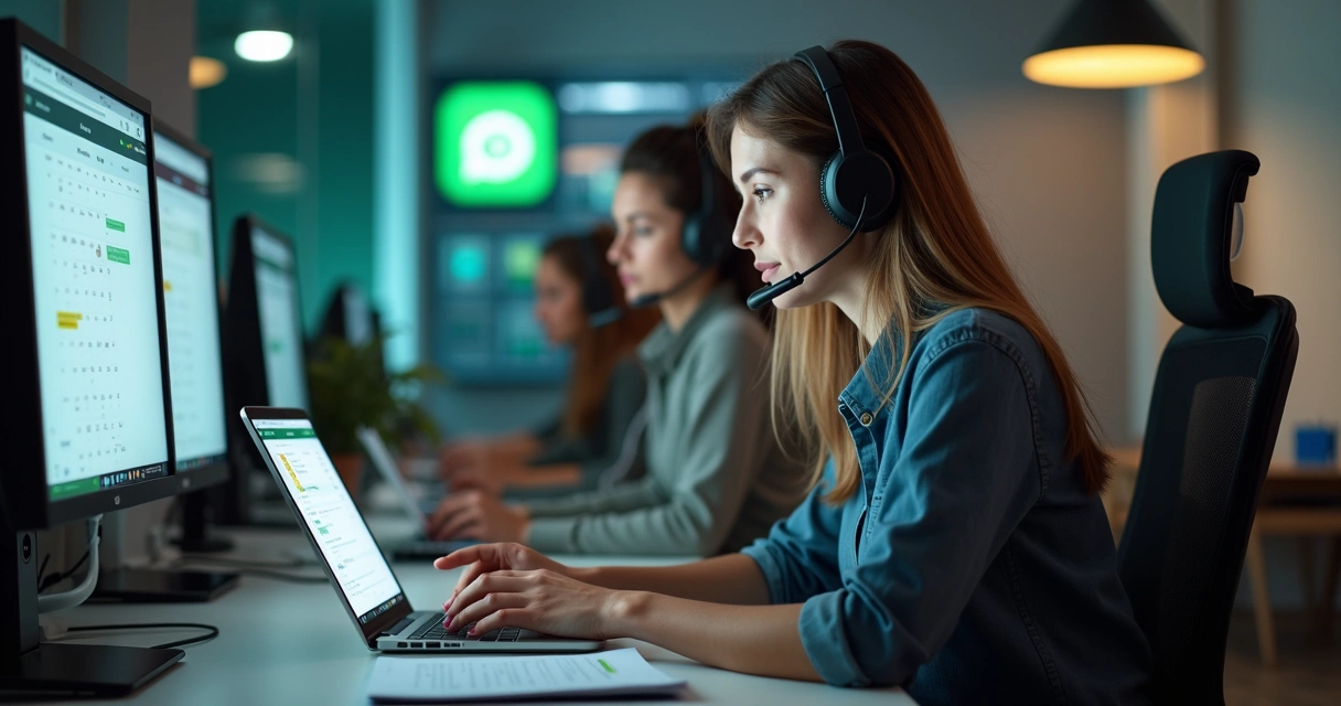 Equipe de call center atendendo clientes por WhatsApp em ambiente moderno de escritório com telas exibindo chats e calendários de agendamento 