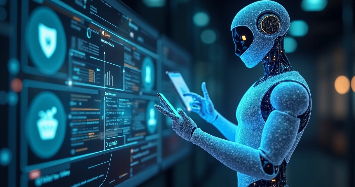 Interface digital mostrando chatbot atendendo clientes em diferentes dispositivos com ícones de redes sociais ao fundo 