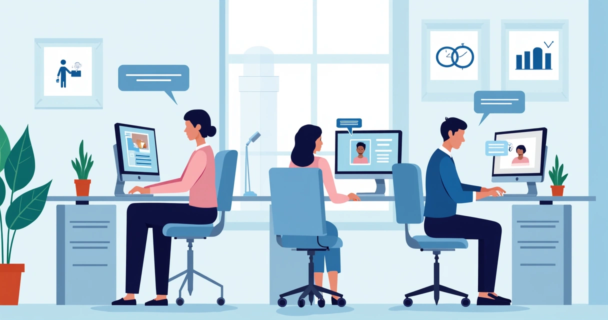 Equipe de atendimento usando chatbot em computadores na mesa branca 