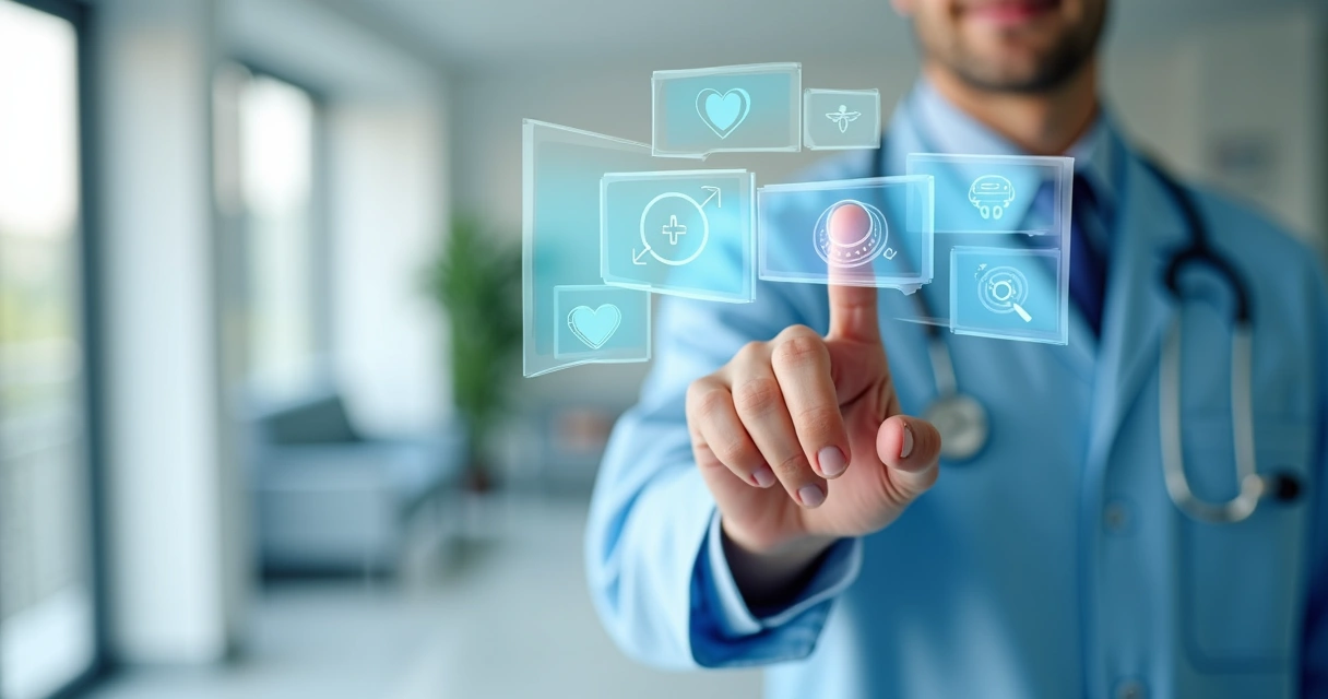 Mão humana interagindo com chatbot de inteligência artificial em tela digital exibindo interface de saúde 