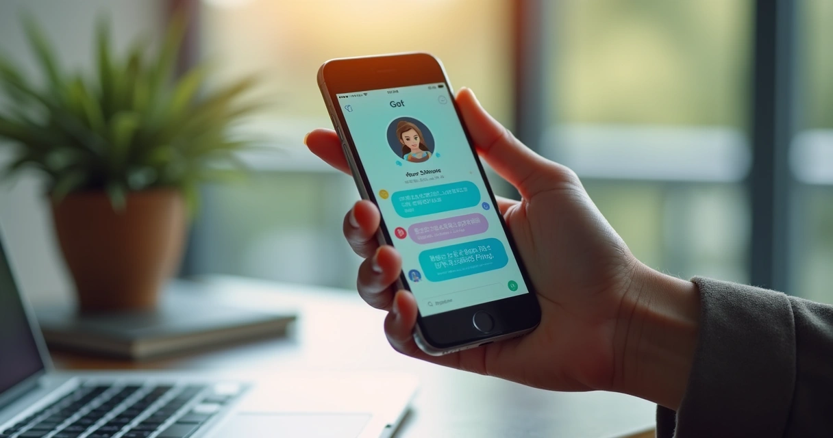 Mão segura smartphone mostrando conversa com chatbot 