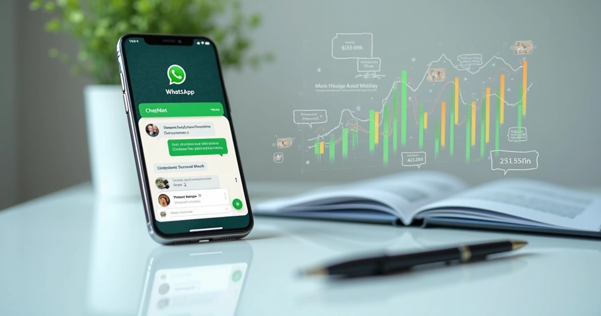 Tela de celular mostrando chatbot no WhatsApp com gráficos de métricas de atendimento ao cliente 