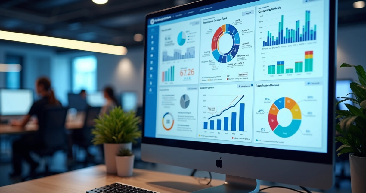 Computador com dashboard de KPIs de atendimento automatizado exibido em tela ultradetallada 