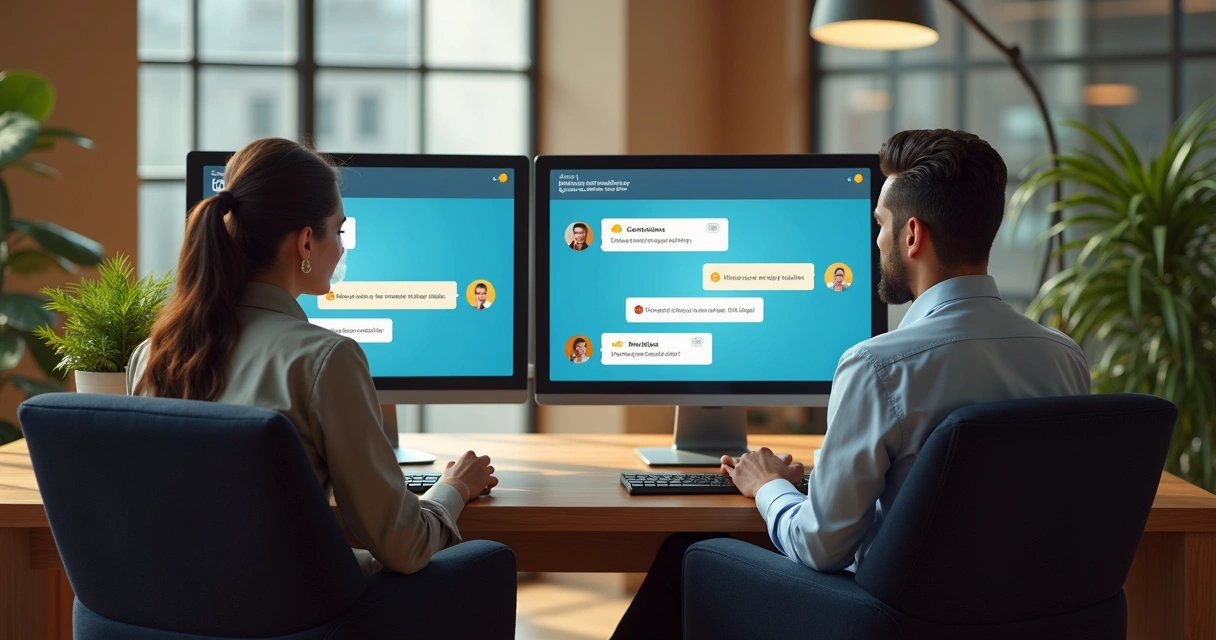 Chatbot e humano atendendo clientes juntos em ambiente de escritório 