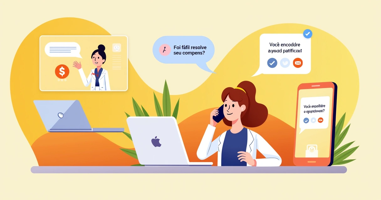 Ilustração de cena de atendimento ao cliente com perguntas sobre facilidade, laptop e smartphone visíveis.