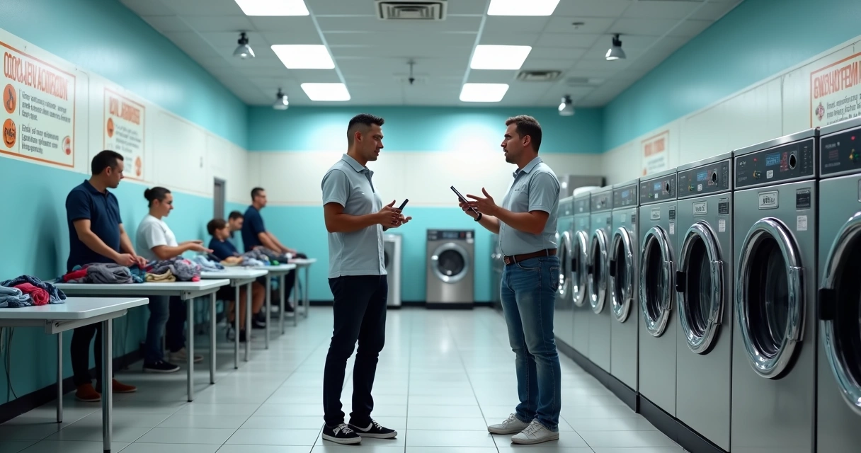 Funcionário de lavanderia acalmando cliente irritado perto de máquinas de lavar 