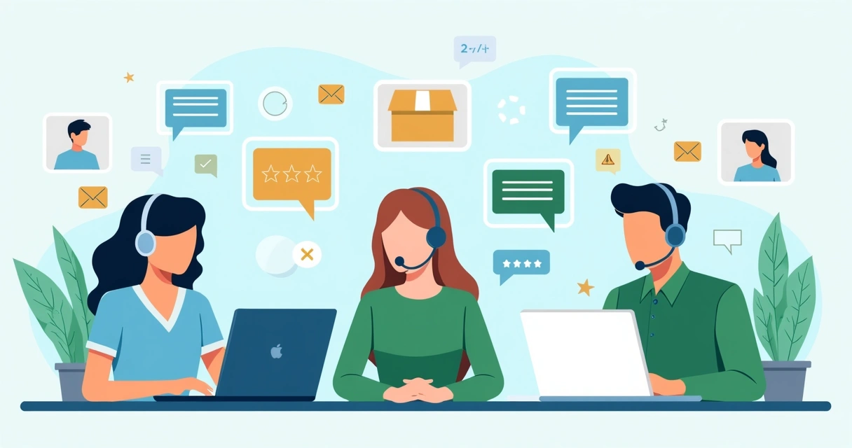 Equipe de atendimento ajudando clientes com chat online e entregas rápidas 