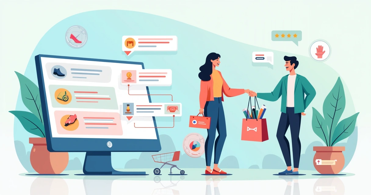 Ilustração de atendimento ao cliente no dropshipping com cliente satisfeito e rápido suporte online.