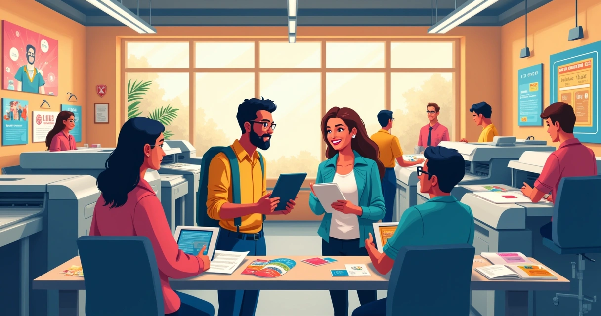 Ilustração de uma gráfica movimentada, com designers atendendo clientes e ambientes iluminados.